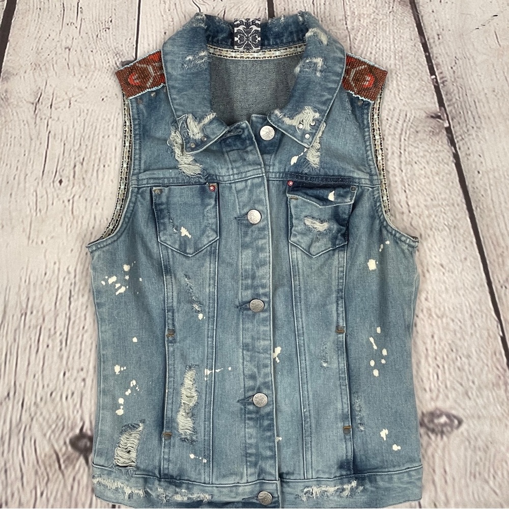 BERSHKA denim distressed vest with spikes beading, size S - Picture 9 of 16
